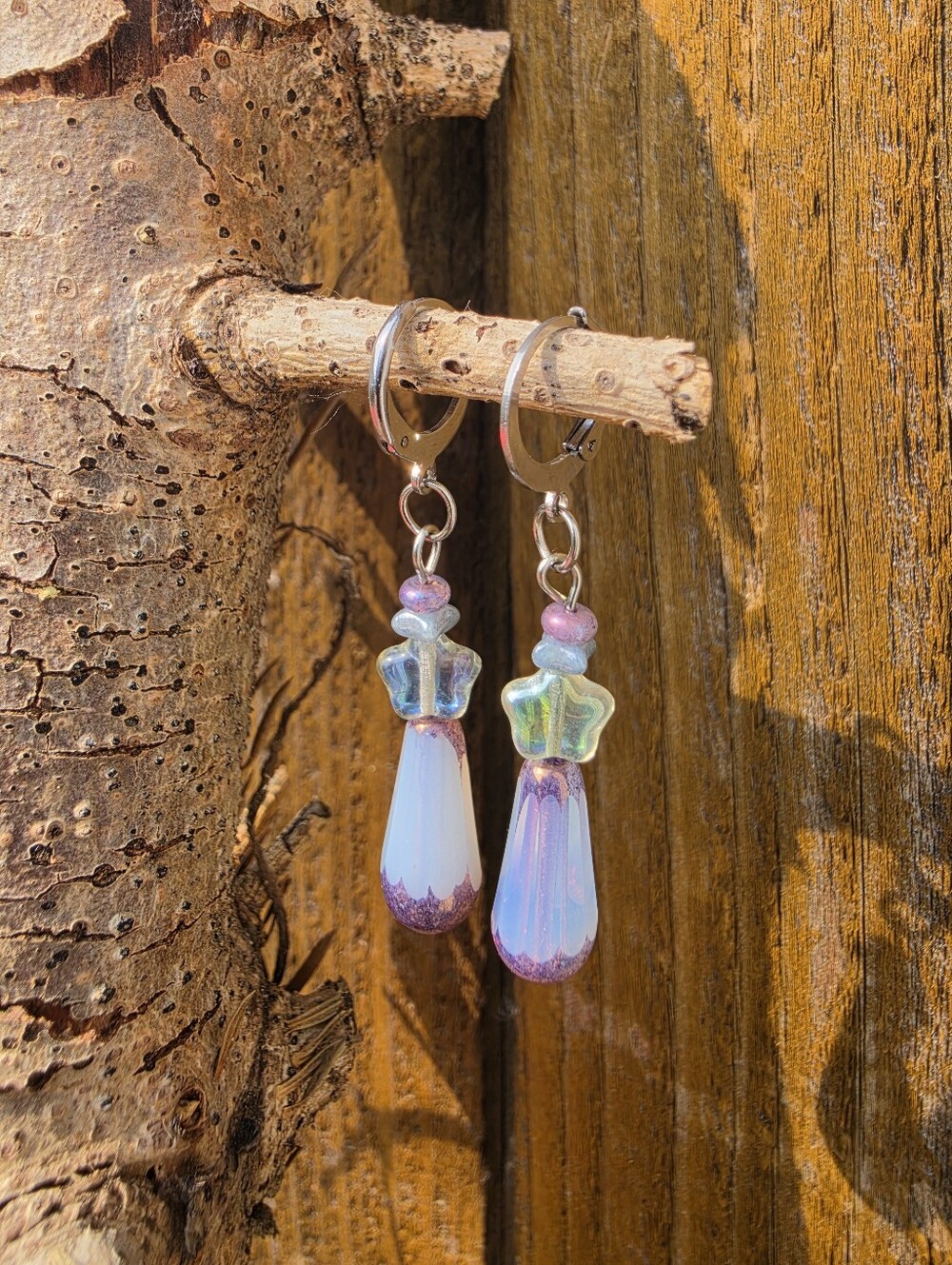 Pastel Iridescent Czech Glass Drip Earrings | Stainless Steel Leverback